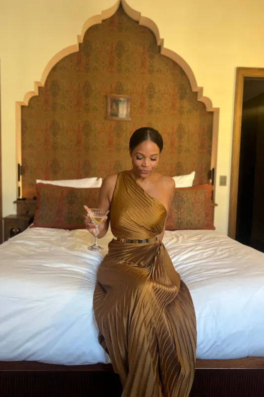 Olympia Bronze Pleated One Shoulder Gown sold by Confête