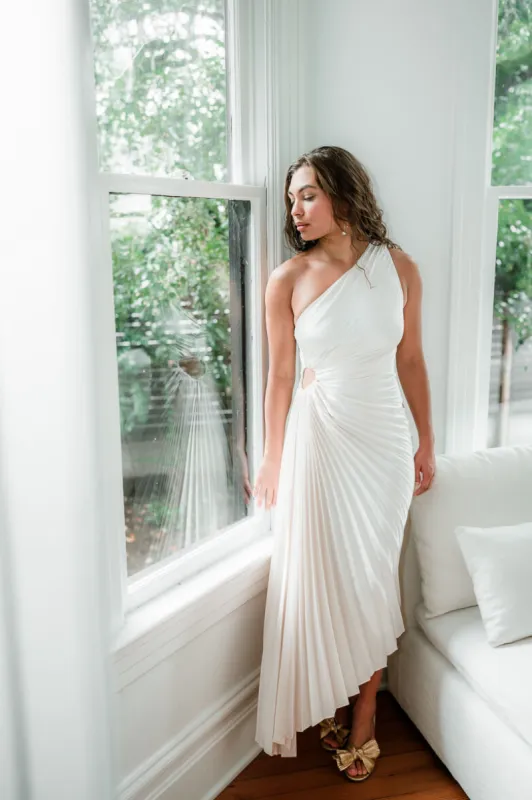 Olympia Pearl Pleated One Shoulder Gown sold by Confête