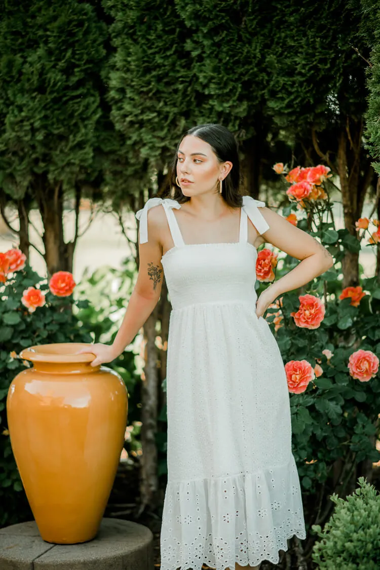 Eliza White Eyelet Midi Dress sold by Confête