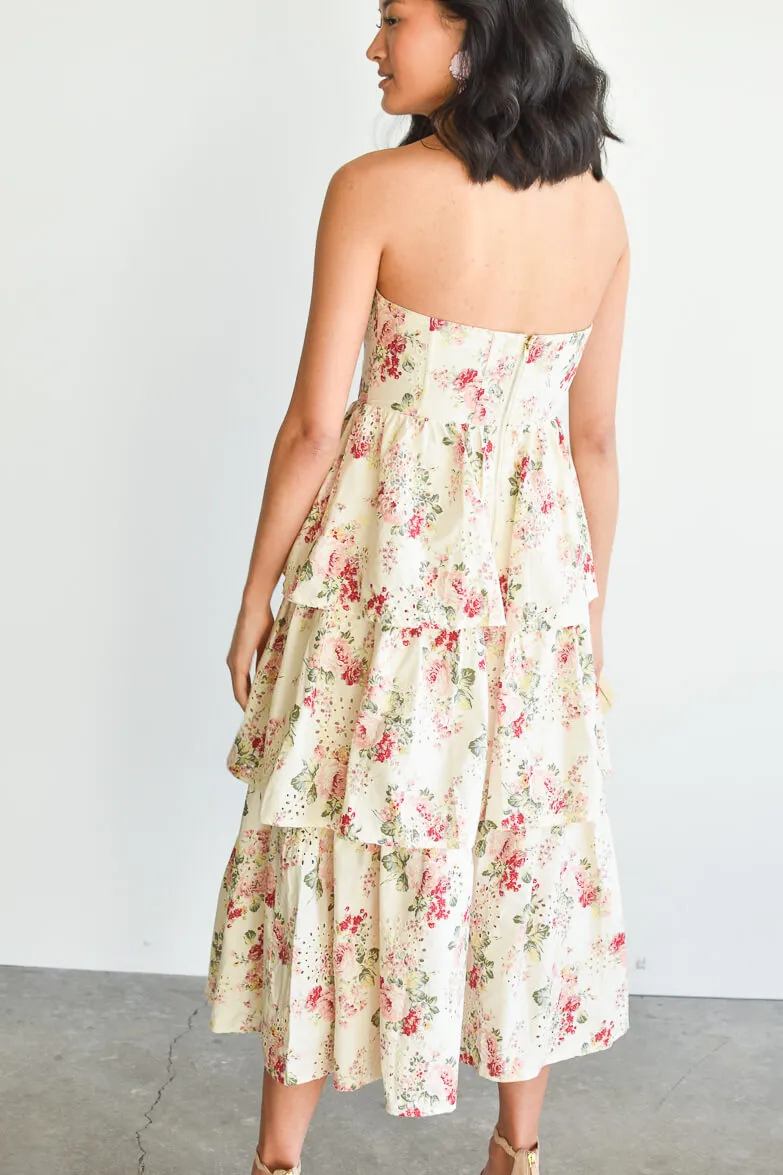Rumi Cream and Pink Floral Eyelet Midi Dress sold by Confête product image thumbnail 4