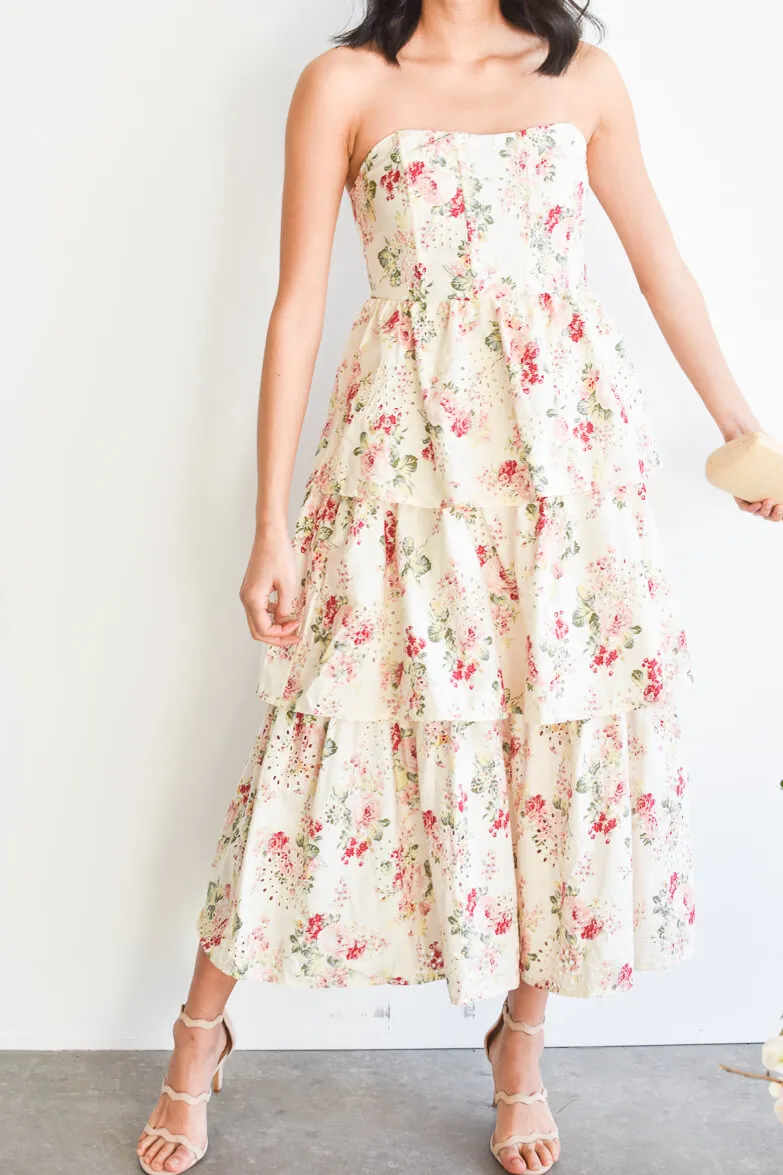 Rumi Cream and Pink Floral Eyelet Midi Dress sold by Confête product image thumbnail 2