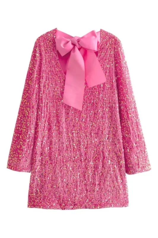 Irina Pink Sequin Mini Dress with Bow sold by Confête