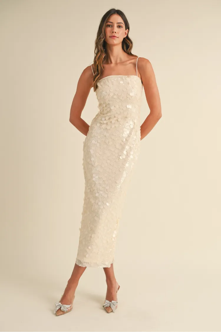 Reine Cream Sequin Sheath Dress sold by Confête
