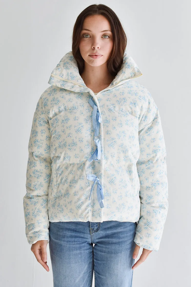 Lark Blue and White Floral Puffer Jacket sold by Confête product image thumbnail 4