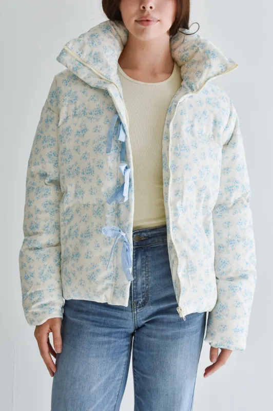 Lark Blue and White Floral Puffer Jacket sold by ConfĂȘte