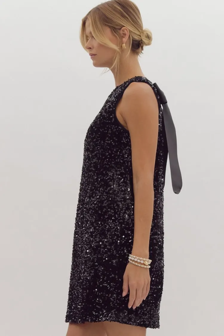 Irina Black Sequin Sleeveless Mini Dress with Black Bow sold by Confête product image thumbnail 3