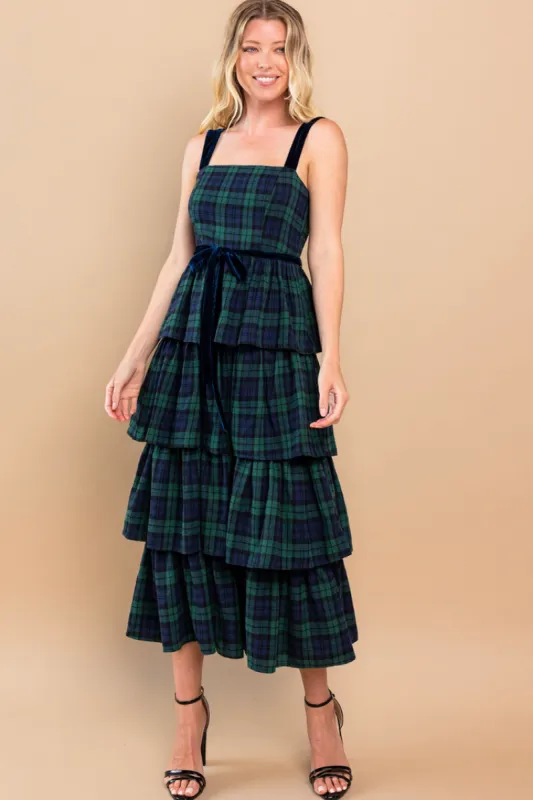 Noel Plaid Tiered Midi Dress sold by Confête