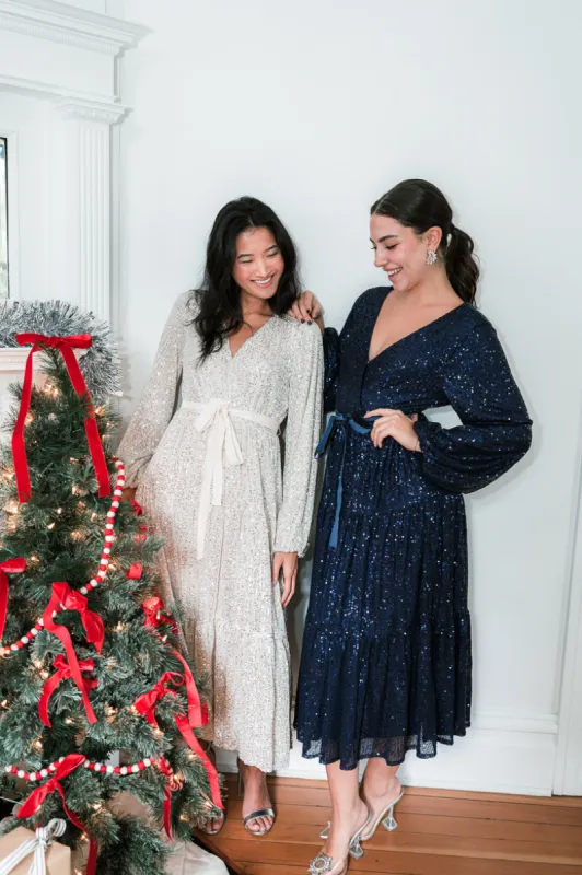 Midnights Sequin Midi Dress - Navy sold by Confête