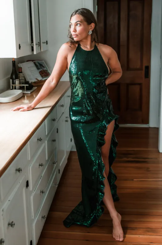 Evangeline Green Sequin Halter Maxi Dress sold by ConfĂȘte