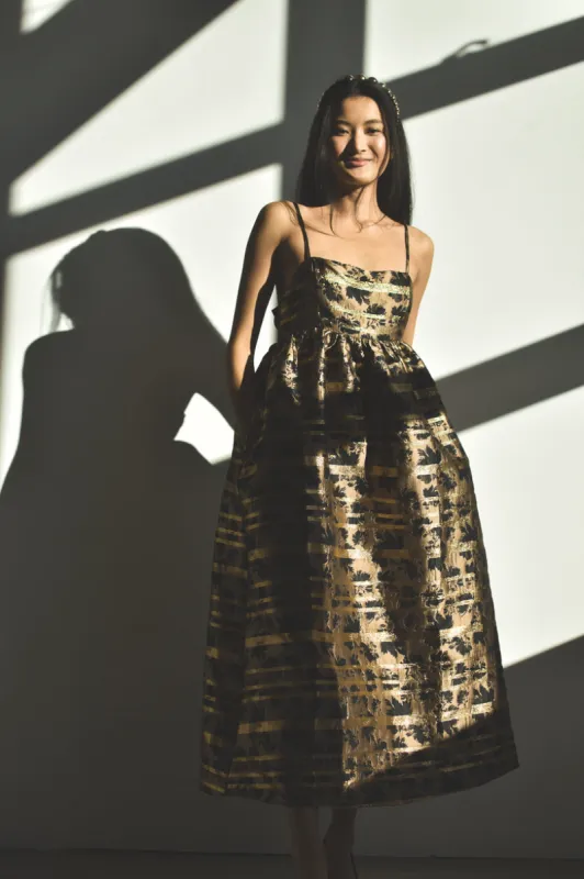 Ellie Black and Gold Brocade Midi Dress sold by Confête