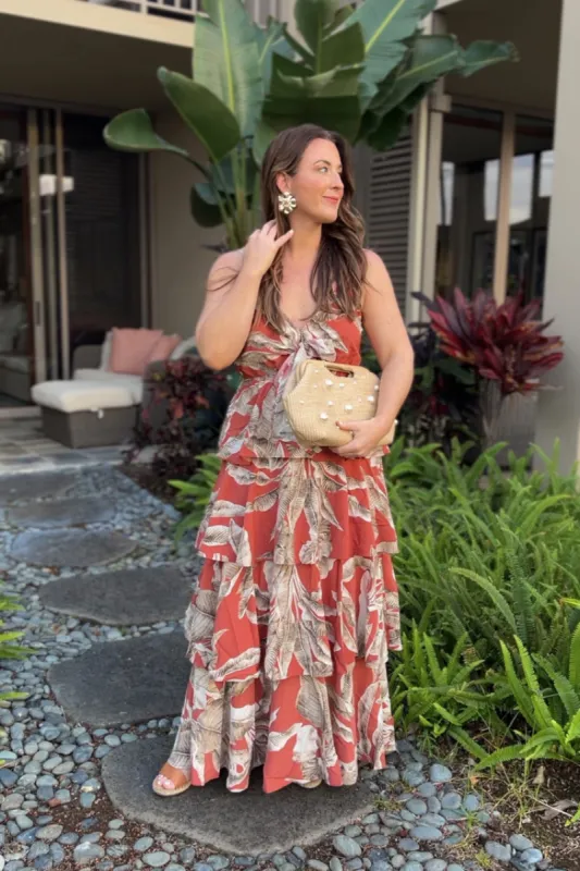 Bryce Terracotta Palm Print Maxi Dress sold by Confête