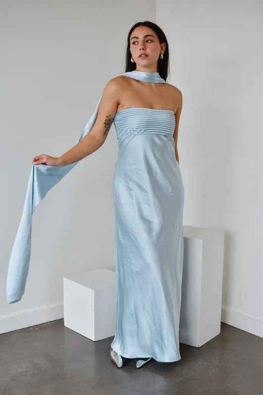 Elsa Ice Blue Maxi Dress with Neck Scarf sold by Confête