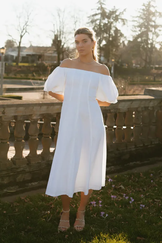 Julianne Off the Shoulder Midi Dress sold by Confête