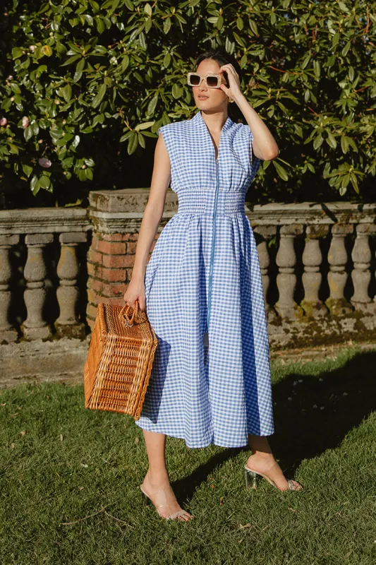 Lille Blue and White Gingham Midi Dress sold by Confête