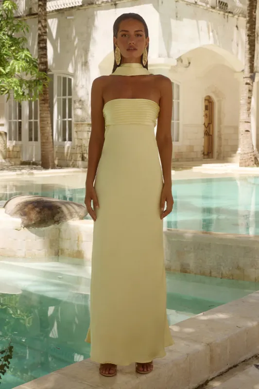 Elsa Butter Yellow Maxi Dress with Neck Scarf sold by Confête