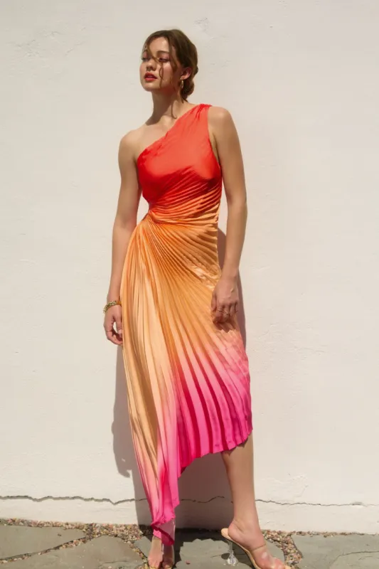 Olympia Pink Ombre Pleated One Shoulder Gown - Hibiscus Cosmo sold by Confête