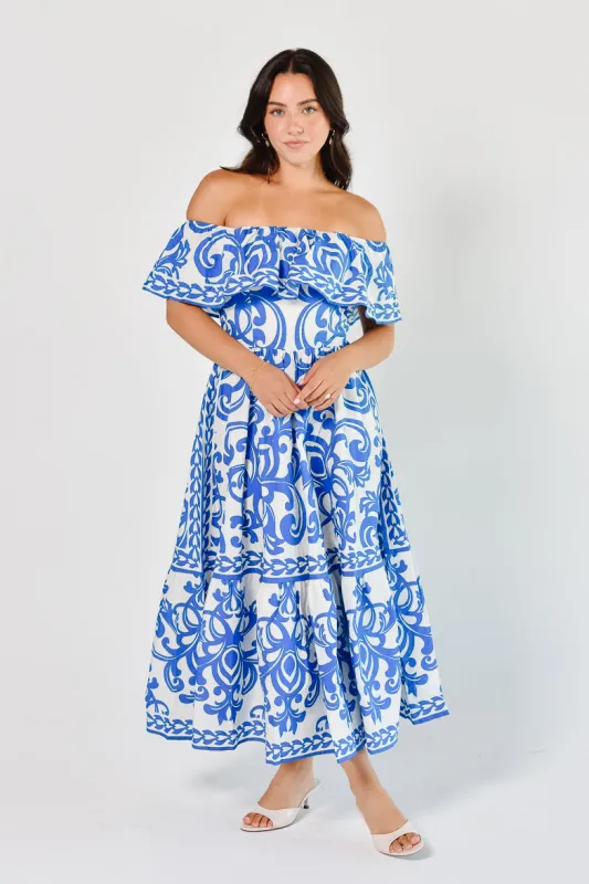 Catania Blue and White Tile Print Midi Dress made by Confête