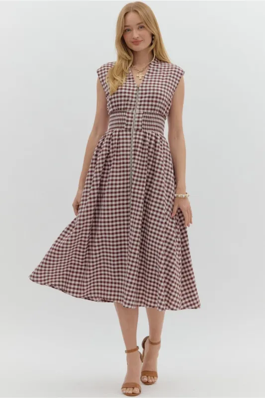 Lille Brown and White Gingham Midi Dress sold by Confête