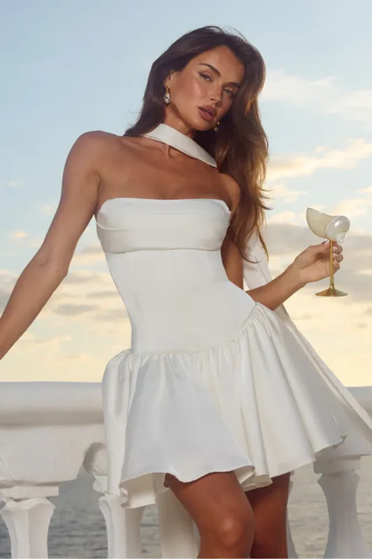 Oriana White Strapless Bustier Mini Dress with Neck Scarf sold by Confête