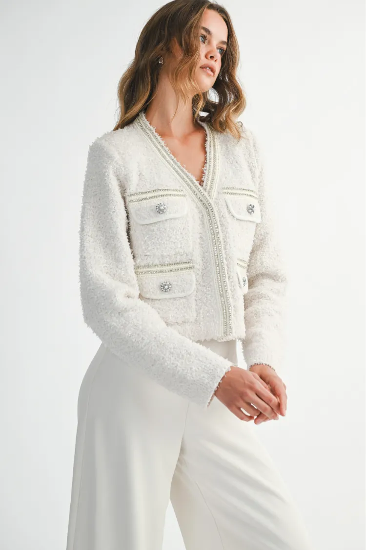 Marlo Rhinestone Embellished Tweed Knit Jacket - Cream sold by Confête product image thumbnail 3