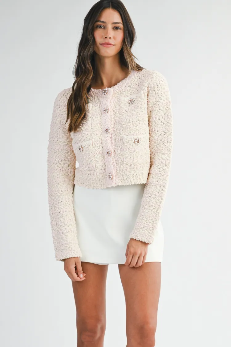Blaire Bouclé Ivory and Pink Striped Cardigan Sweater sold by Confête product image thumbnail 5