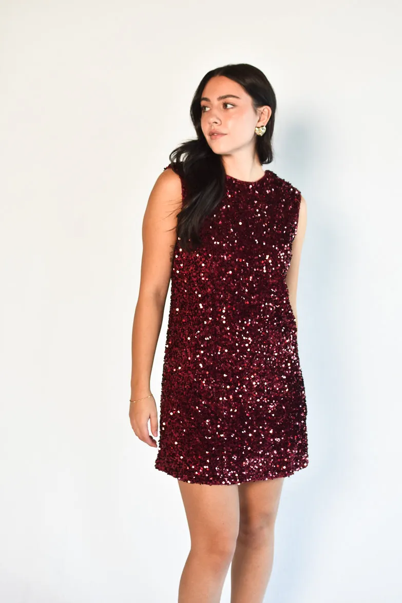 Irina Sequin Sleeveless Mini Dress with Black Bow - Burgundy sold by Confête