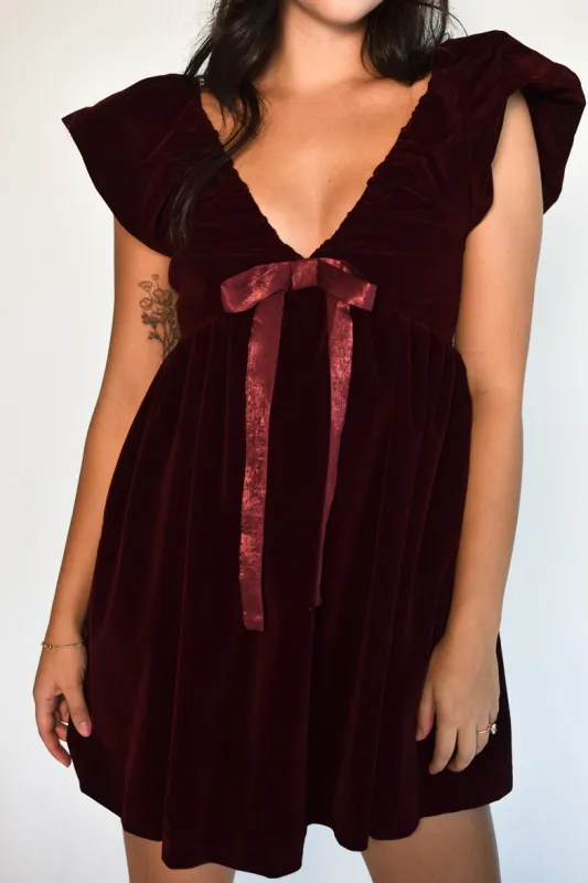 Brooks Burgundy Velvet Bow Mini Dress sold by Confête