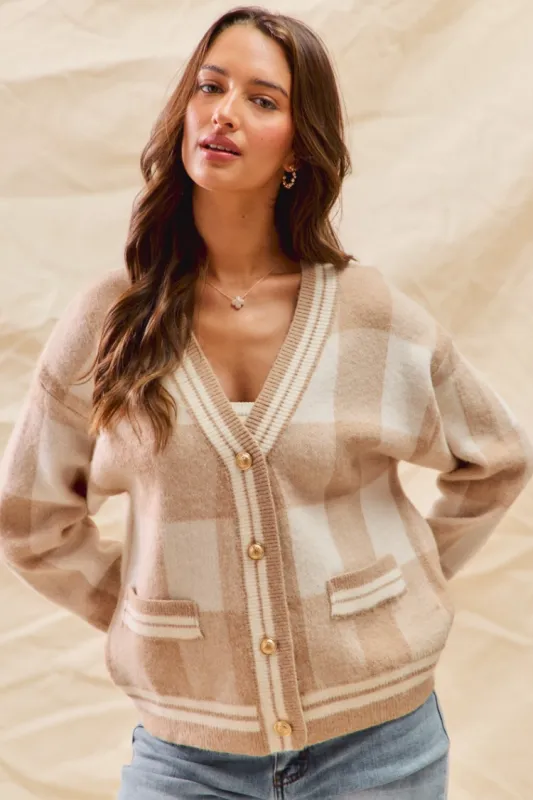 Talia Camel and White Checked Sweater sold by Confête