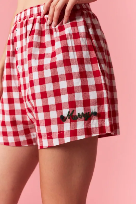 Red and White Checked Merry Pajama Shorts sold by ConfĂȘte