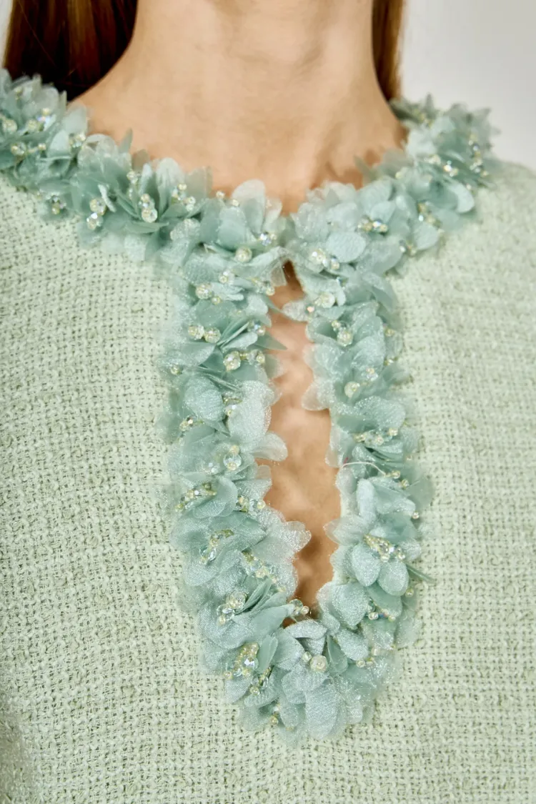 Jackie Tweed Racerback Floral Trim Mini Dress - Pistachio sold by Confête product image thumbnail 3