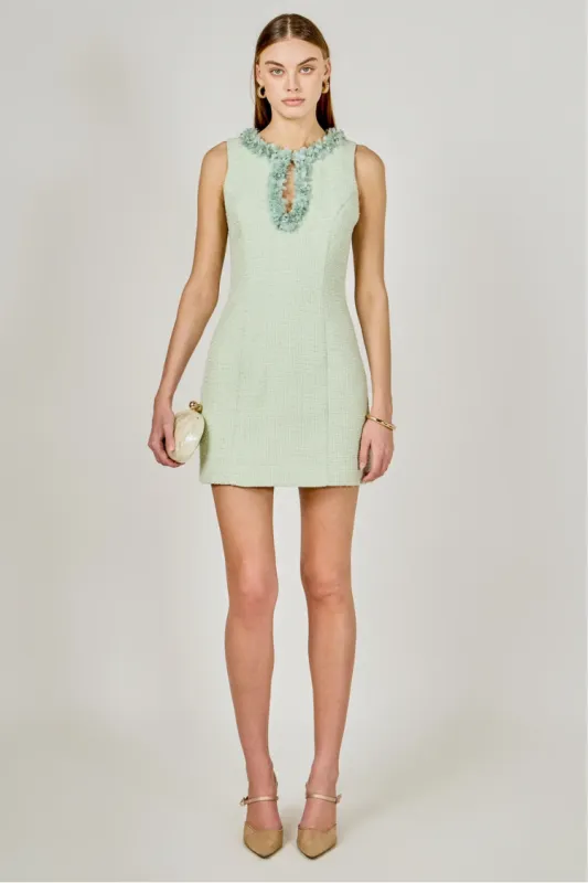 Jackie Tweed Racerback Floral Trim Mini Dress - Pistachio made by Endless Rose