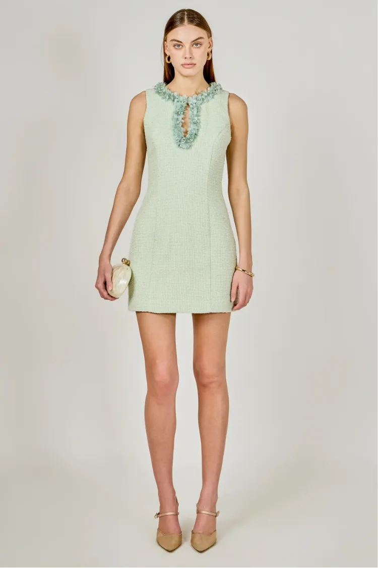 Jackie Tweed Racerback Floral Trim Mini Dress - Pistachio sold by Confête