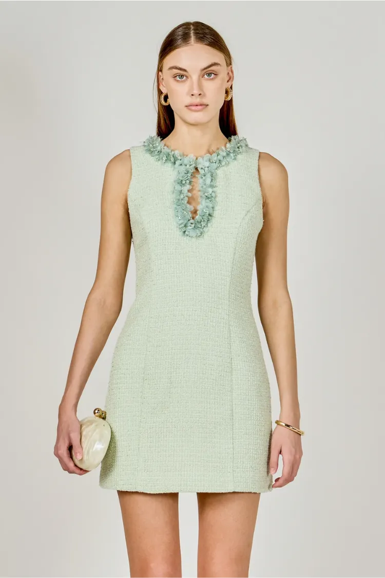 Jackie Tweed Racerback Floral Trim Mini Dress - Pistachio sold by Confête product image thumbnail 5