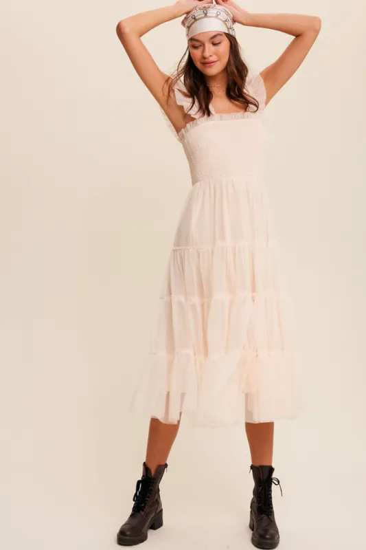 Fiori Short Champagne Tulle Tiered Midi Dress sold by Confête