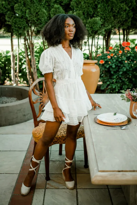 Lovestruck White Eyelet Ruffle Tier Mini Dress sold by Confête