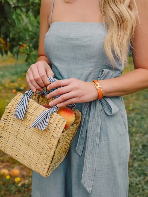 Newport Striped Fabric Handle Straw Bag made by Confête