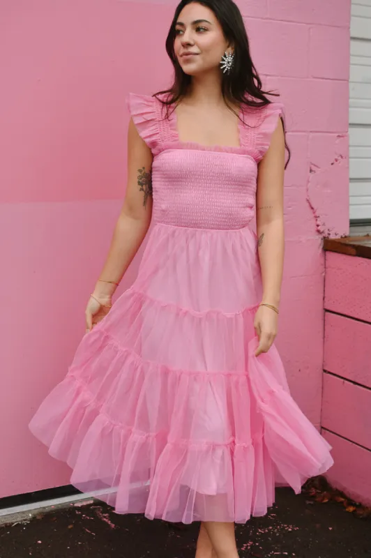 Fiori Short Bright Pink Tulle Tiered Midi Dress sold by Confête