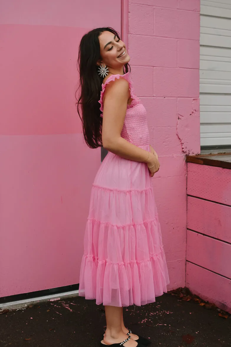 Fiori Short Bright Pink Tulle Tiered Midi Dress sold by Confête product image thumbnail 4