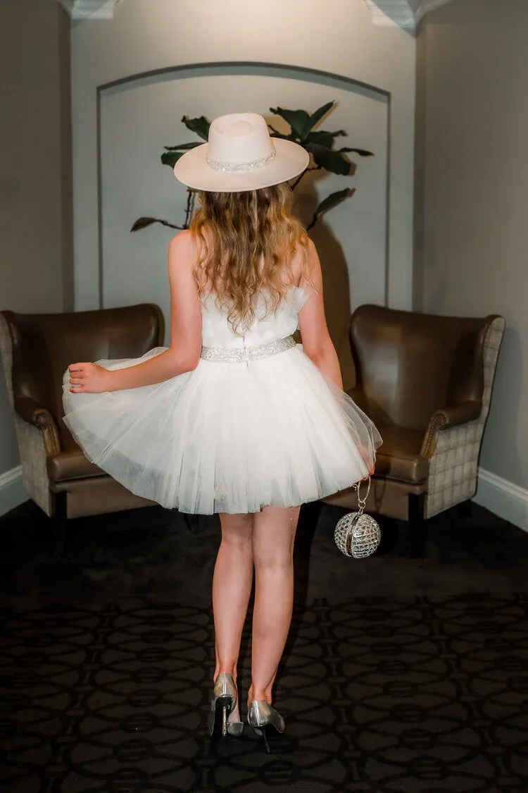 Greyson White Tulle Mini Dress with Rhinestone Belt - FINAL SALE sold by Confête product image thumbnail 3
