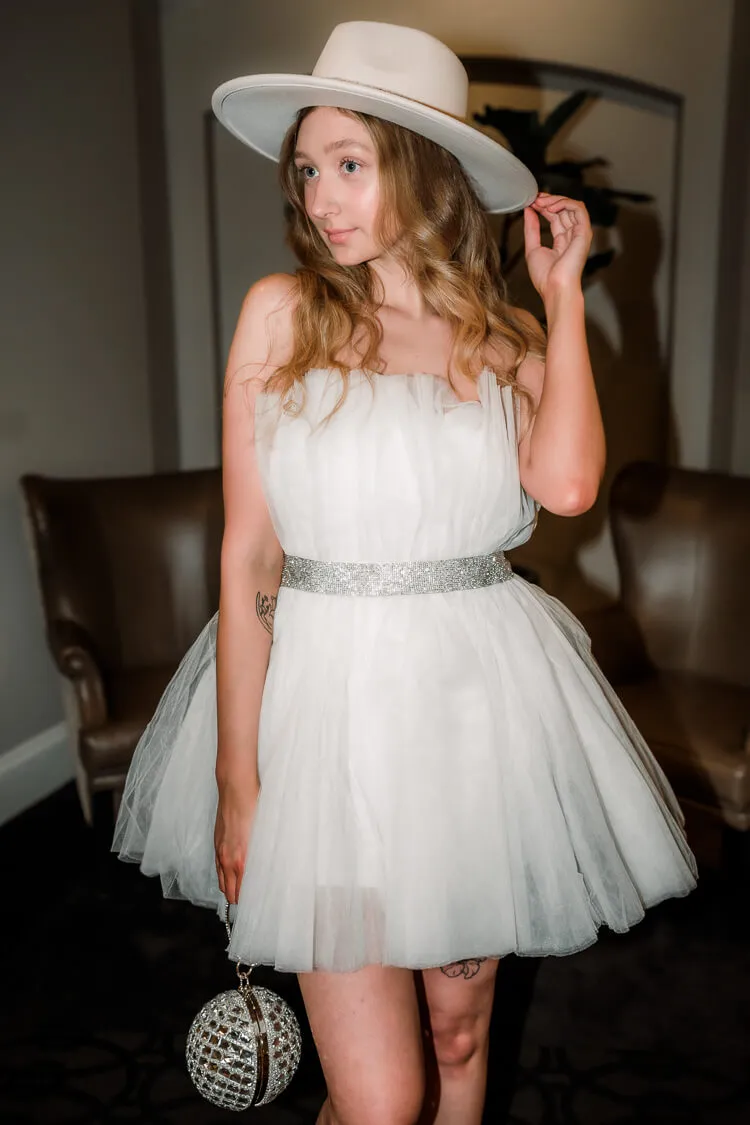 Greyson White Tulle Mini Dress with Rhinestone Belt - FINAL SALE sold by Confête product image thumbnail 4