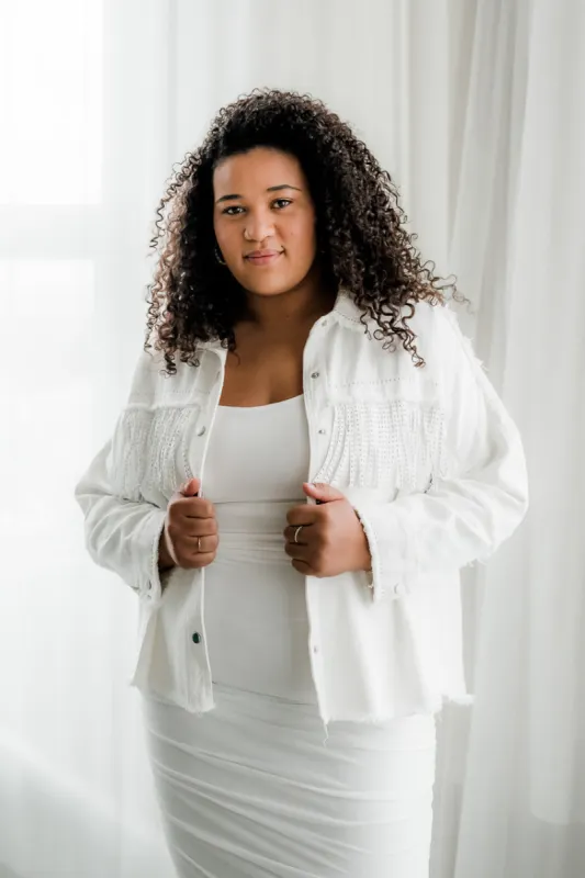 White Plus Size Jean Jacket with Fringe sold by Confête
