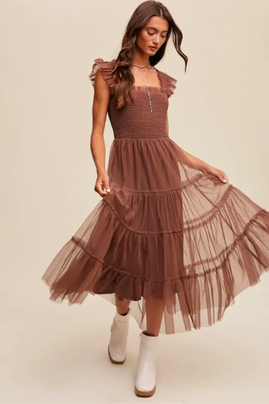 Fiori Short Mocha Tulle Tiered Midi Dress sold by Confête