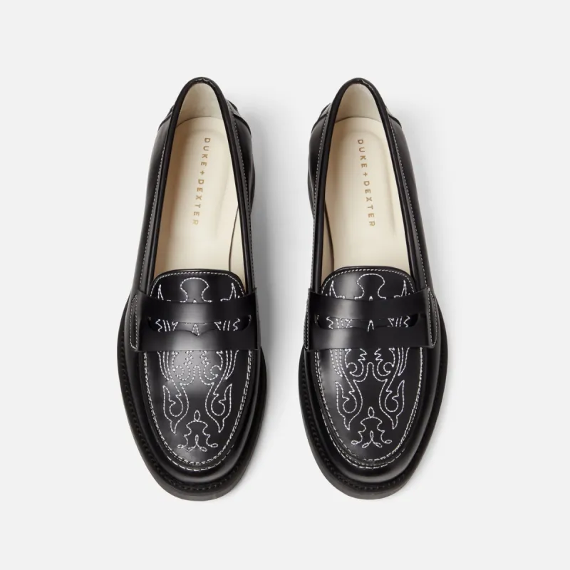 Wilde Black Western Penny Loafer - Women's sold by Duke + Dexter