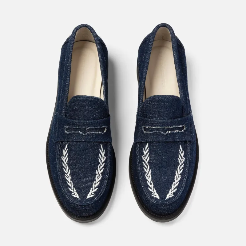 Wilde Indigo Denim Wreath Embroidered Penny Loafer - Men's sold by Duke + Dexter