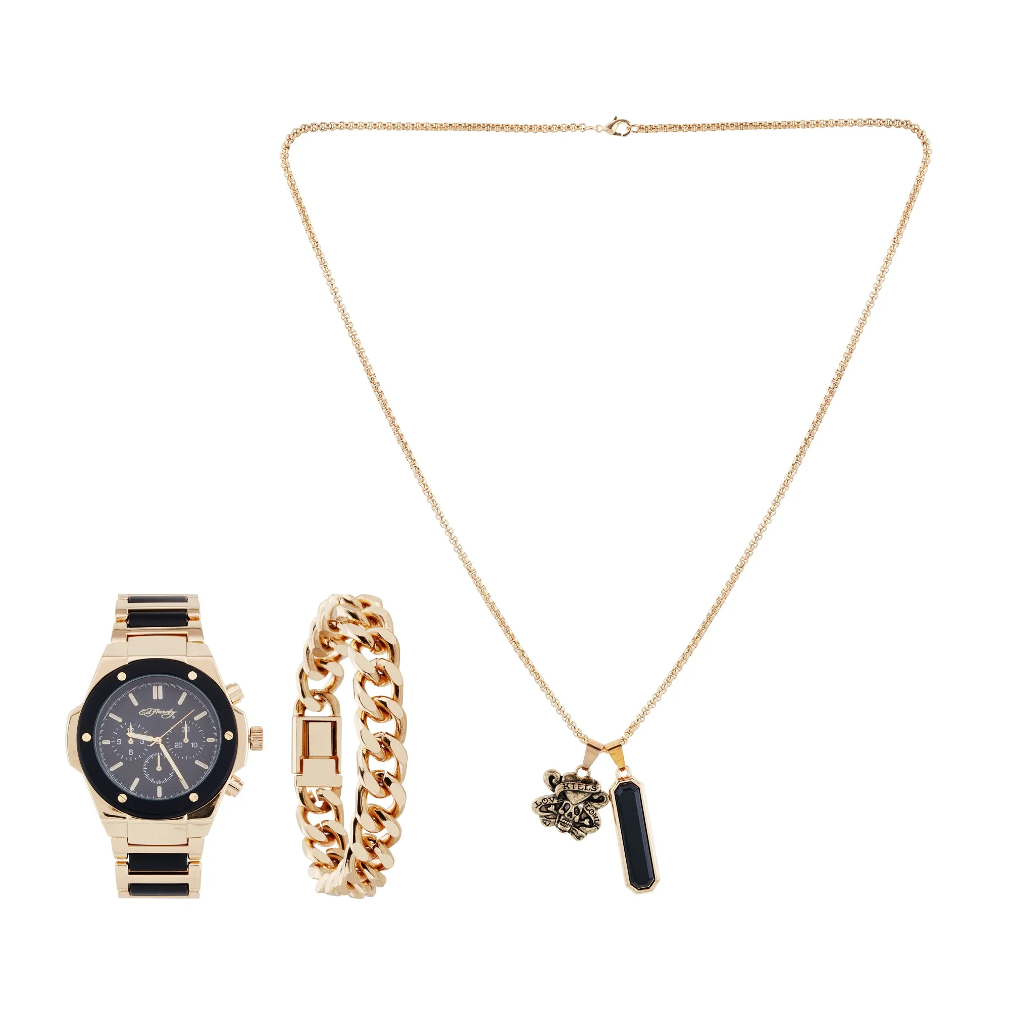 Ed Hardy Men's Brushed Gold Metal Bracelet Watch 52mm Gift Set sold by iTouch Wearables