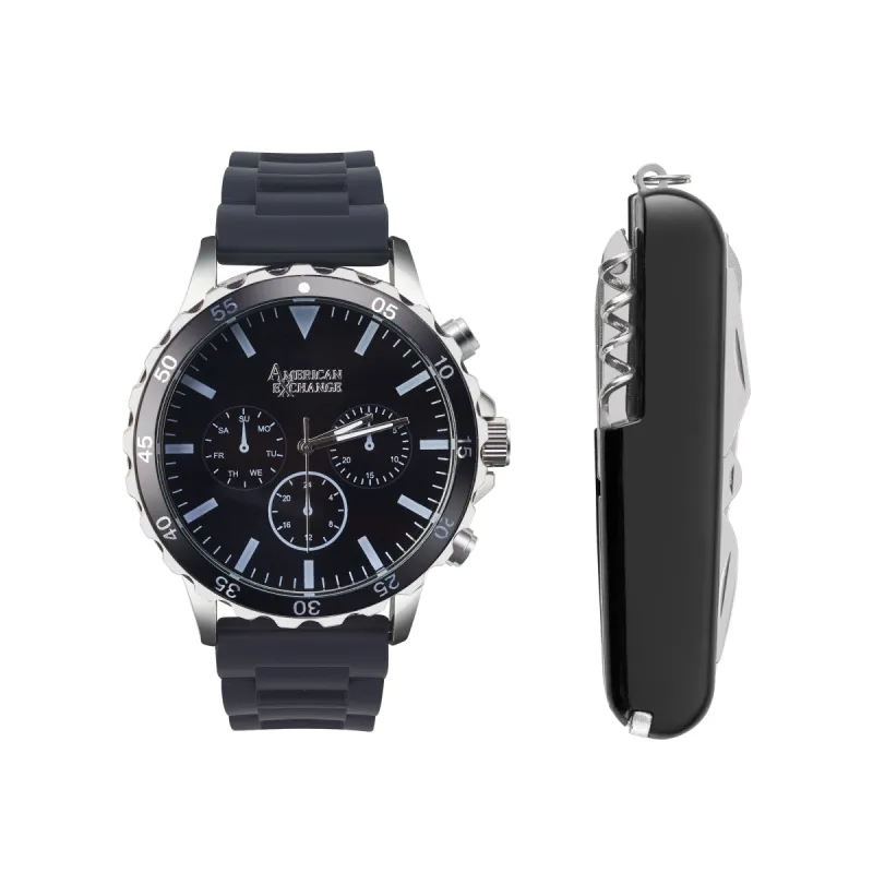 American Exchange Men's Black Rubber Strap Watch 50mm Gift Set sold by iTouch Wearables