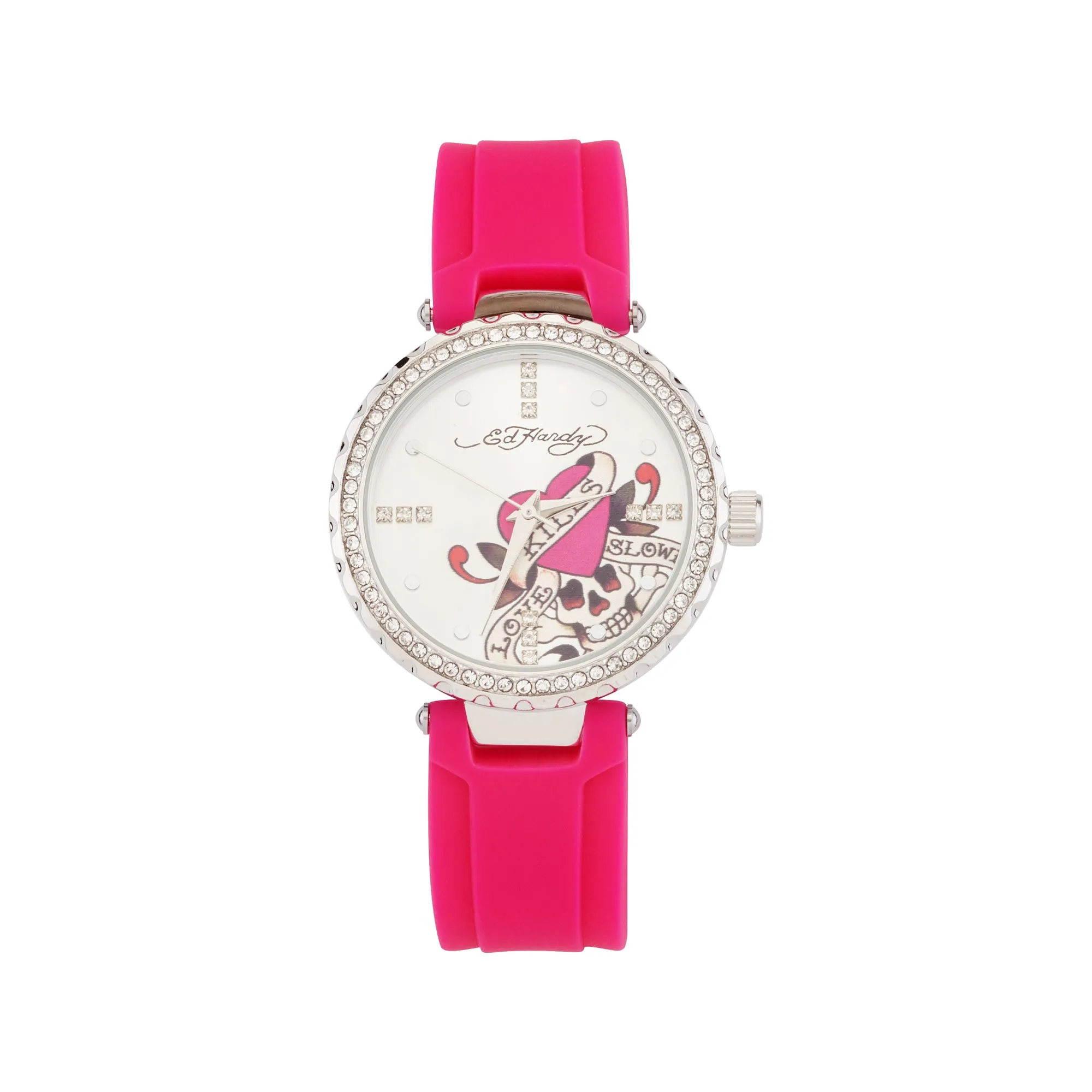 Ed Hardy Ladies Rubber Sliver/Fushia Plain Analog Watch sold by iTouch Wearables