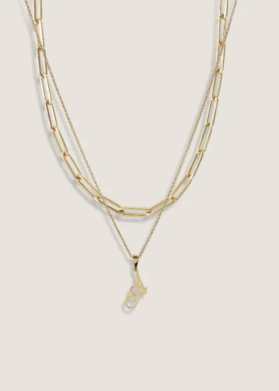 Paperclip Link Chain & Love Letter Charm Necklace Stack sold by Kinn