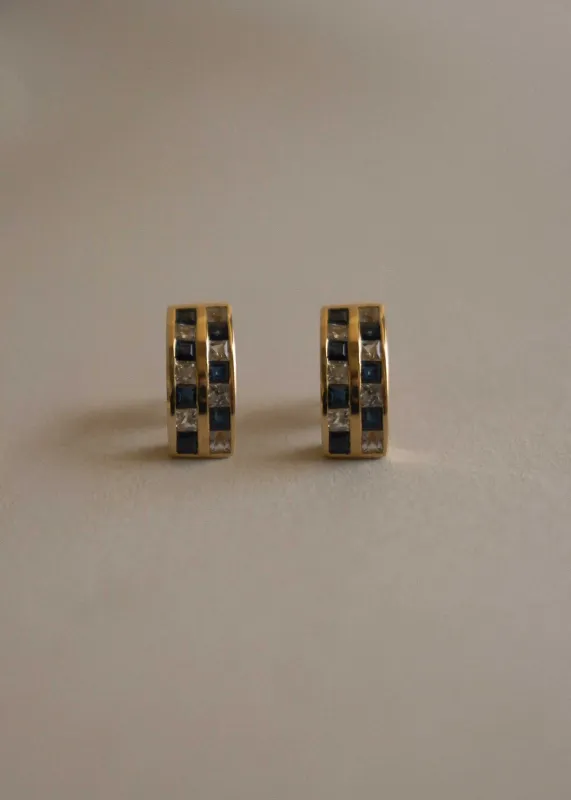 Vintage 14k Blue Sapphire & CZ Checkered Earrings made by Kinn