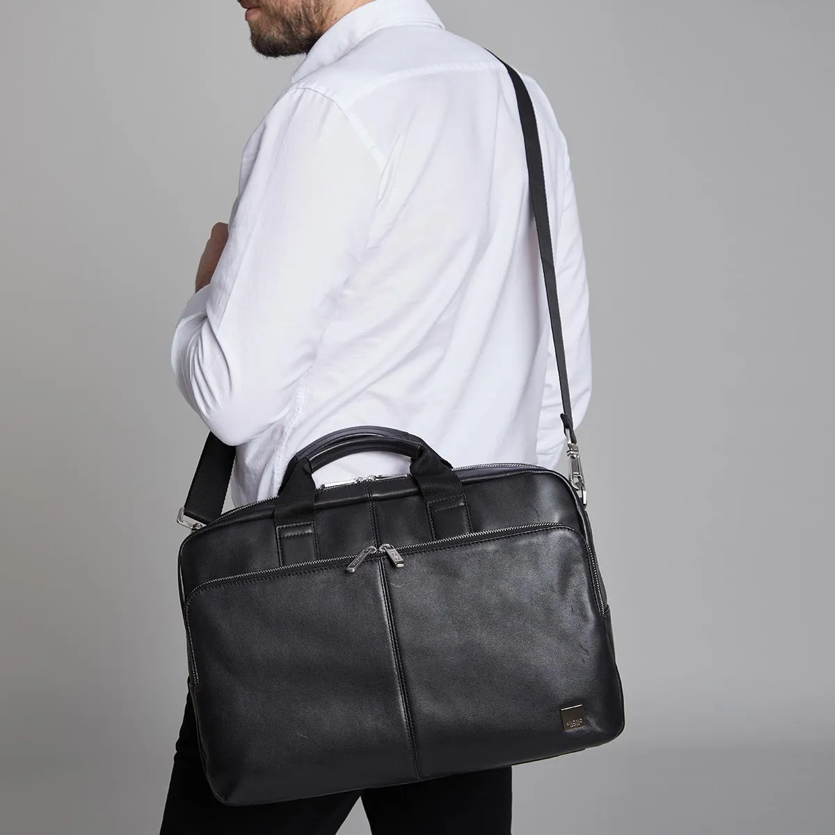 Leather Briefcase with double compartment in black sold by Knomo product image thumbnail 2